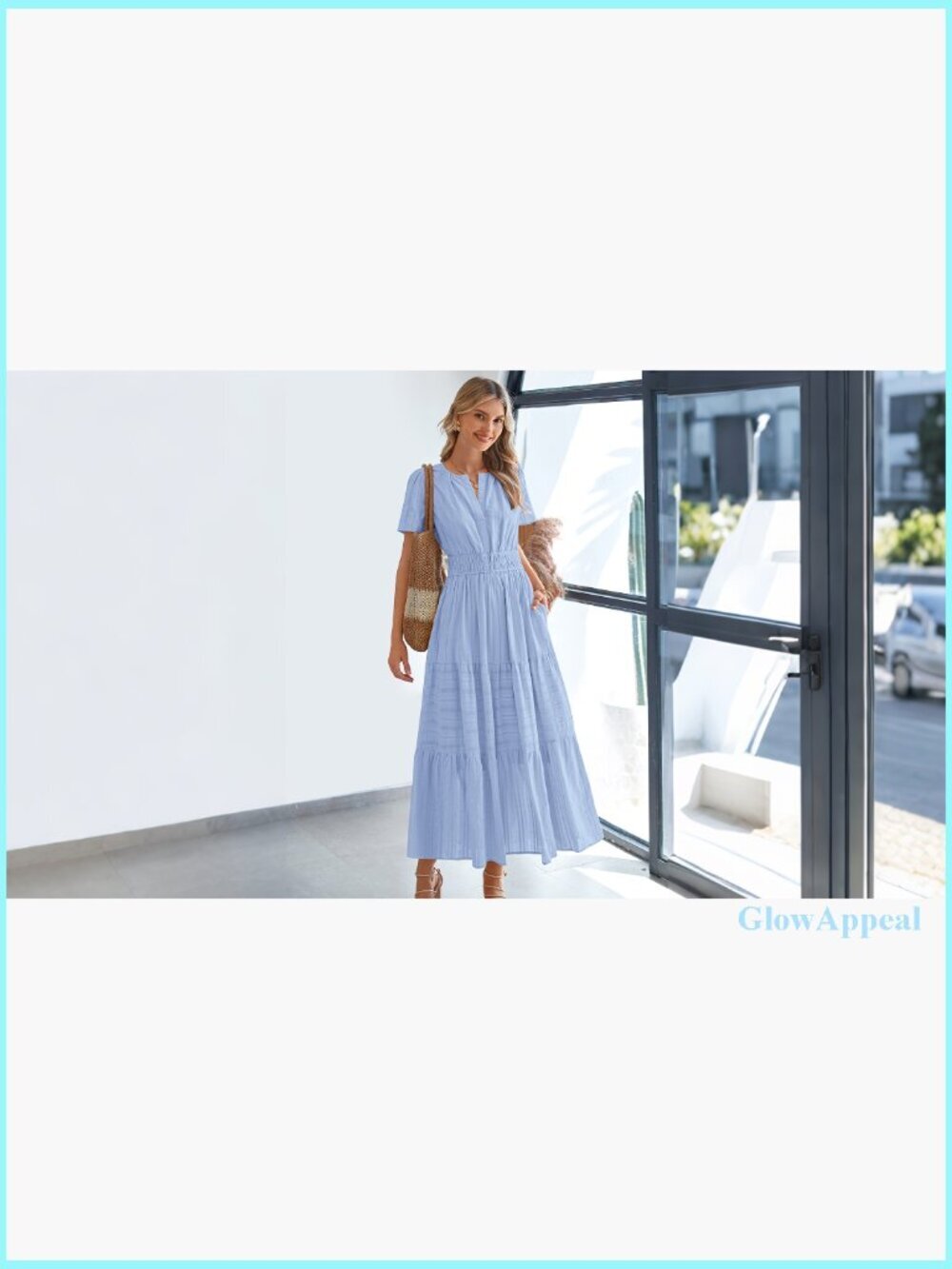 Lightweight Cotton Maxi Dress with Pockets, Elastic Waist, V-Neck, Short Sleeve - Picture 7 of 7